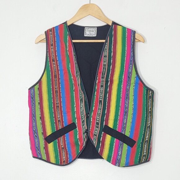 Tipicos Vintage Bohemian Multicolored Striped Button Front Vest Cotton Blend - Picture 2 of 9